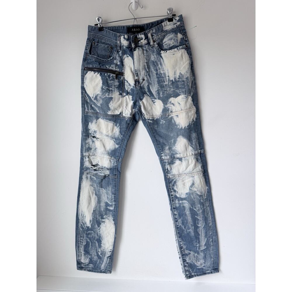 Akoo Jeans Mens 32 (33x31) Blue Bleached Distressed Destroyed Thrashed *Flaws